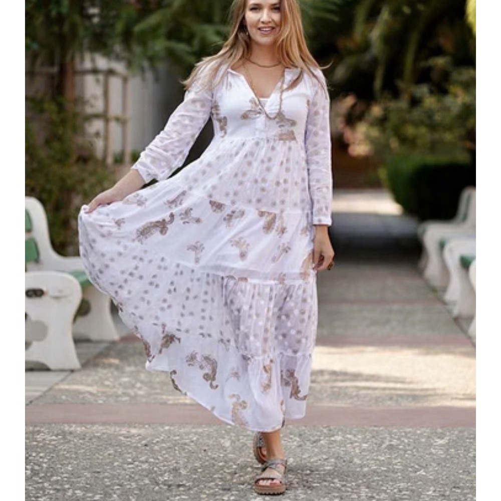 Dolma Pamo Tiered Maxi Bohemian Dress M Sheer Metallic Gold Floral Kaftan Layer